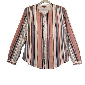 Lilla P Striped Textured Gauzy Long Sleeve Button Up Shirt Fringe Detail, Size L